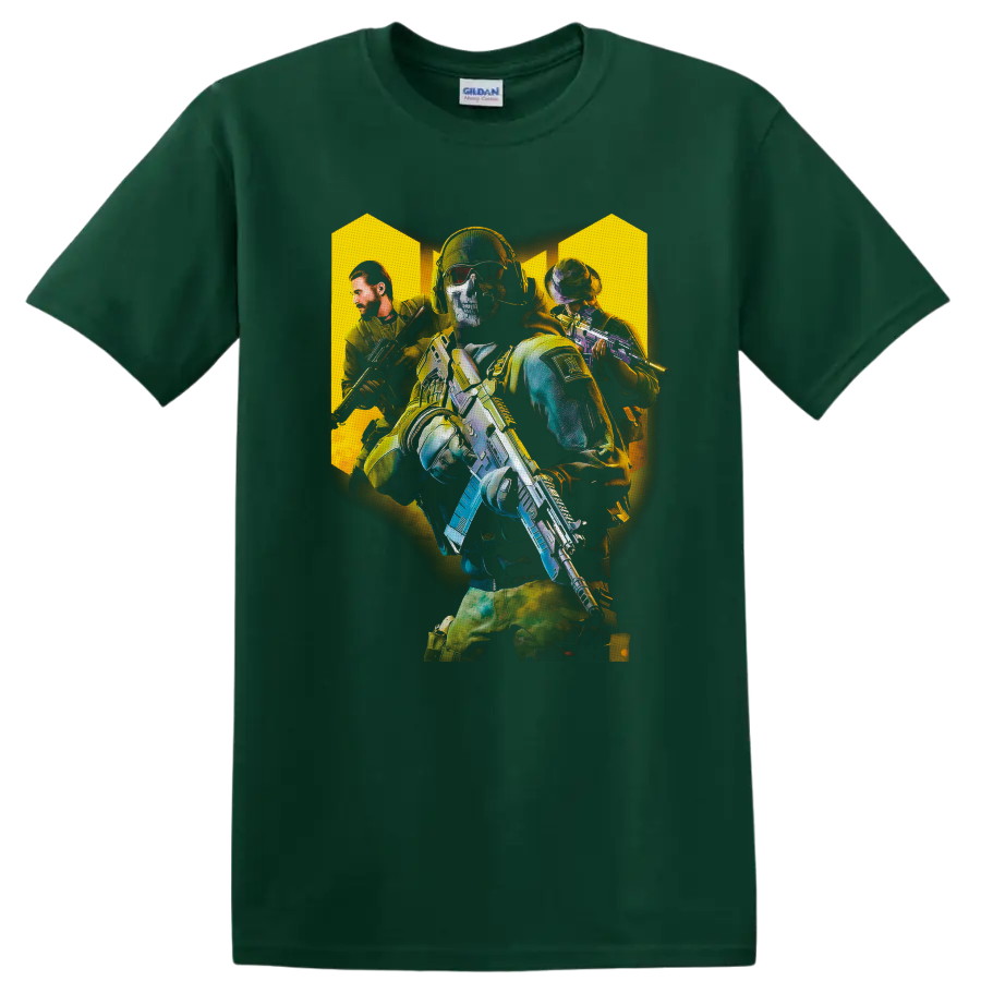 Call of Duty tactical soldiers graphic with skull-masked operator and armed squad on a Forest Green T Shirt