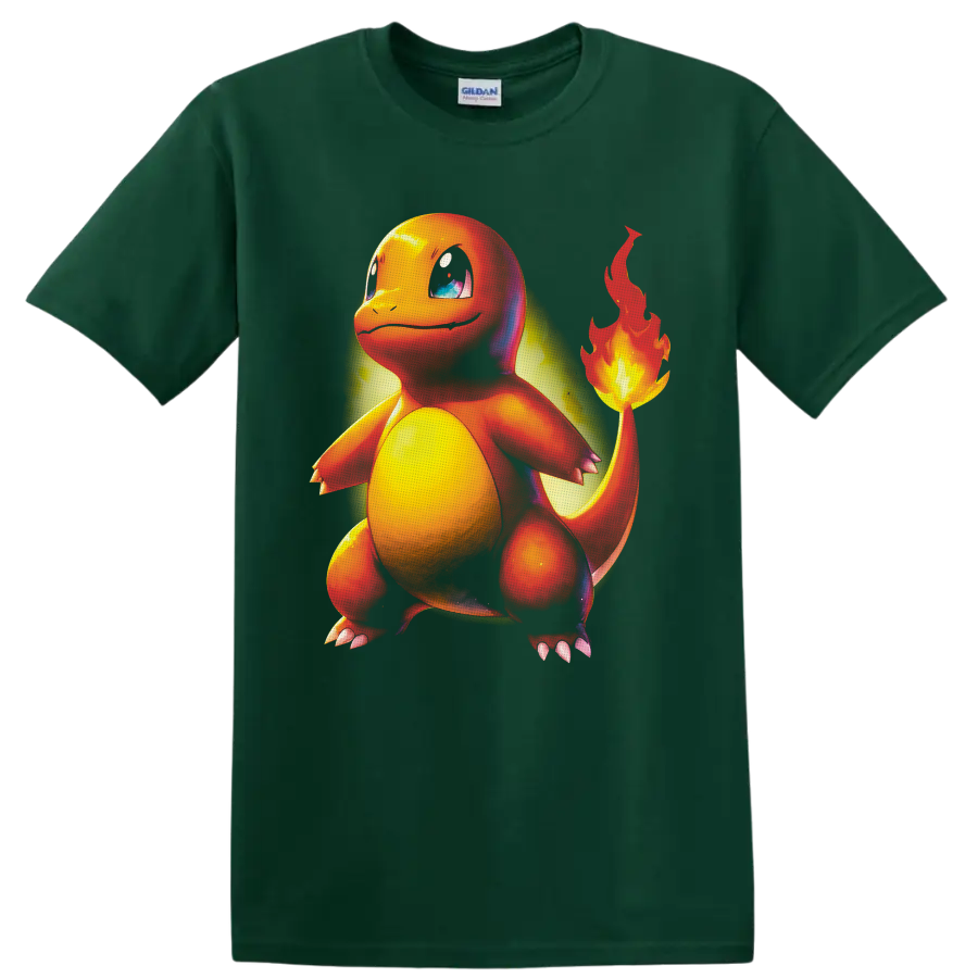 Charmander Pokémon character with glowing tail flame in vivid airbrushed artwork on a Forest Green T Shirt