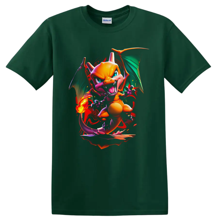 Charizard Pokémon neon fire dragon with teal wings, tail flame, and red paint splashes on a Forest Green T Shirt