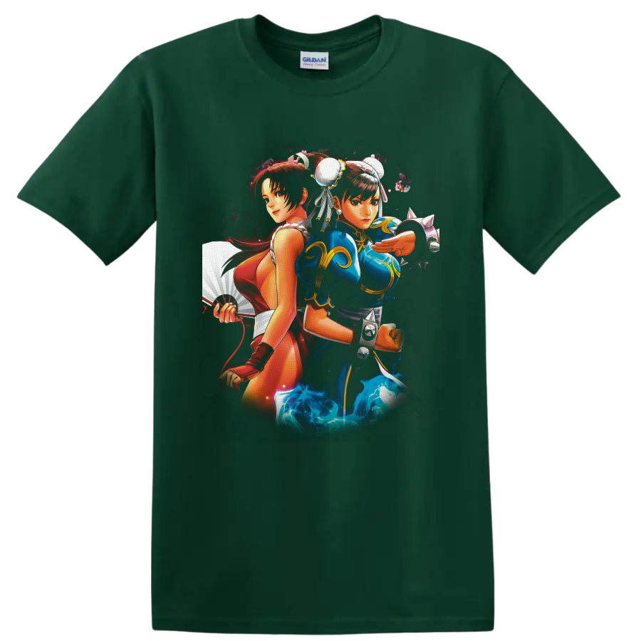 Chun-Li and Mai Shiranui anime-style fighting game duo with fan and energy effects on a Forest Green T Shirt