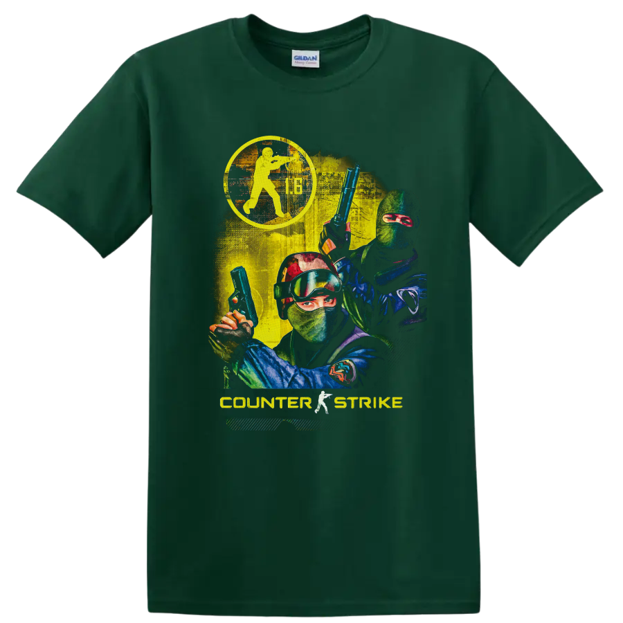Counter-Strike 1.6 Counter-Terrorist operatives in distressed retro tactical action art on a Forest Green T Shirt