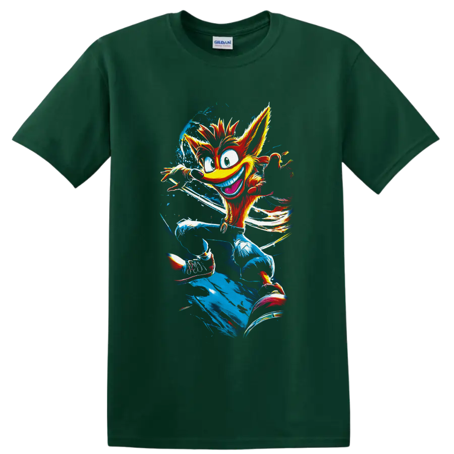 Crash Bandicoot running in colorful retro paint splatter illustration on a Forest Green T Shirt