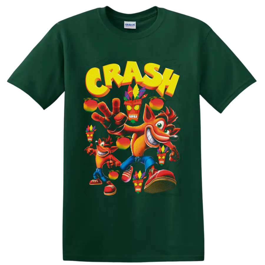 Crash Bandicoot with Aku Aku masks, tropical fruit, and bold yellow CRASH lettering on a Forest Green T Shirt