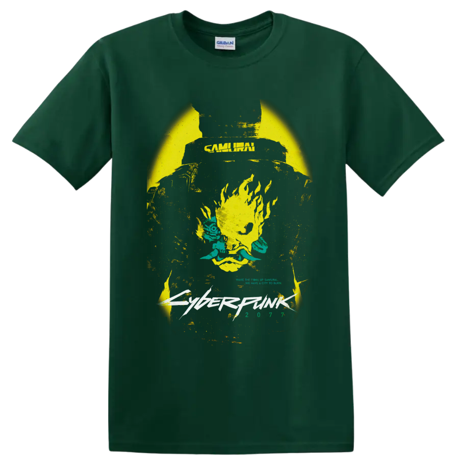 Cyberpunk 2077 Samurai flaming skull with teal flowers and distressed futuristic lettering on a Forest Green T Shirt