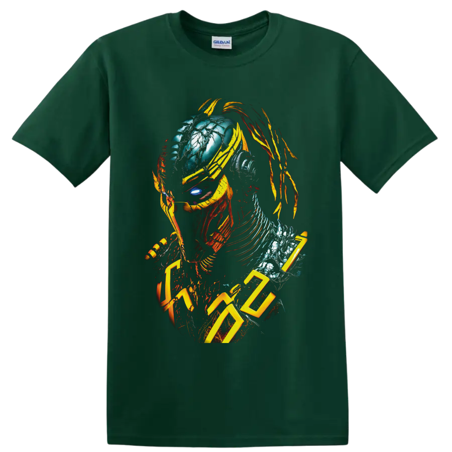 Cyrax Mortal Kombat cyber ninja portrait with yellow armor and mechanical details on a Forest Green T Shirt