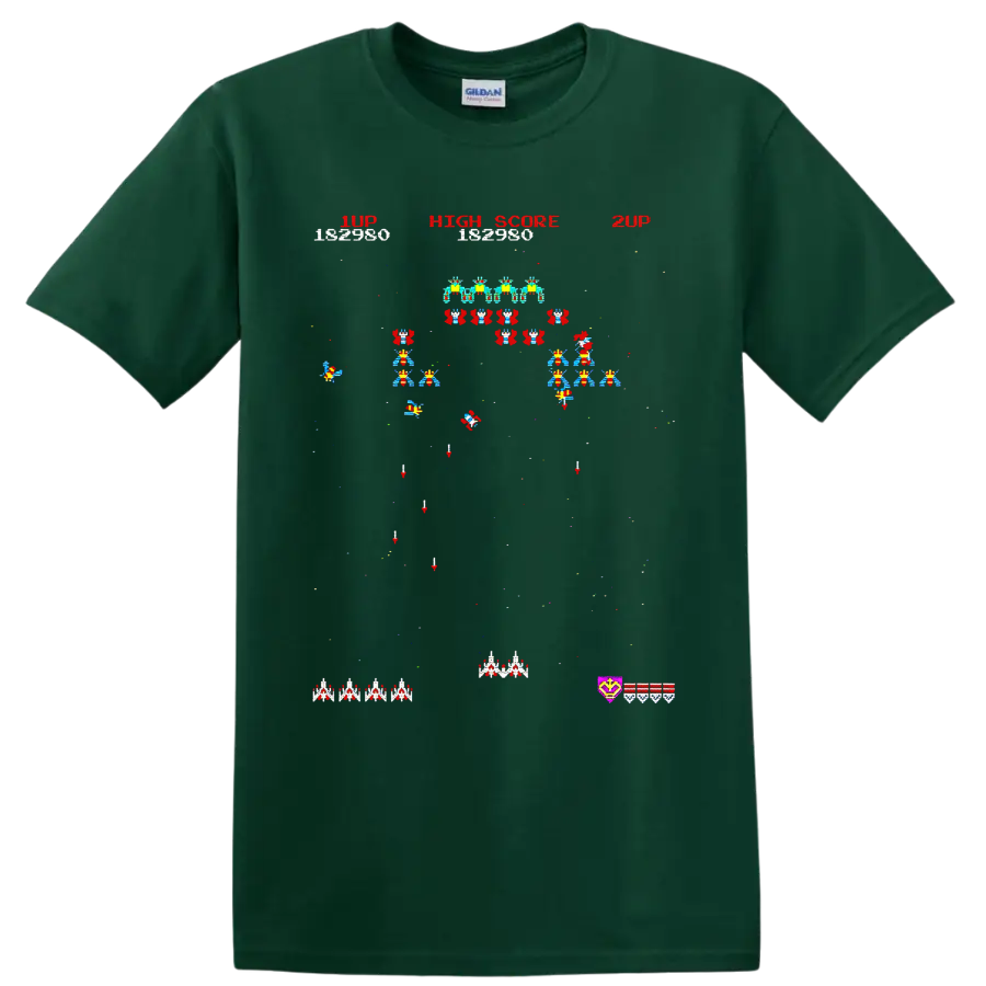 Space Invaders pixel art arcade battle with alien rows, ships, and high score text on a Forest Green T Shirt