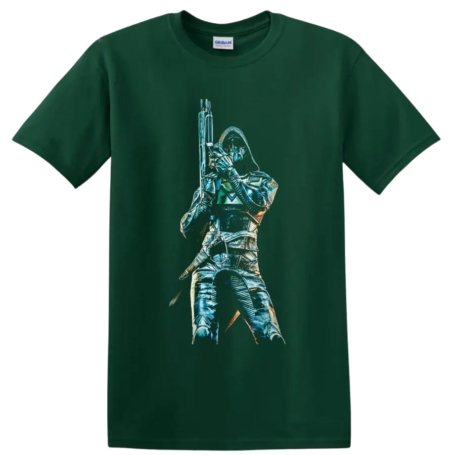 Destiny 2 Hunter in hooded armor holding a rifle, teal sci-fi graphic on a Forest Green T Shirt