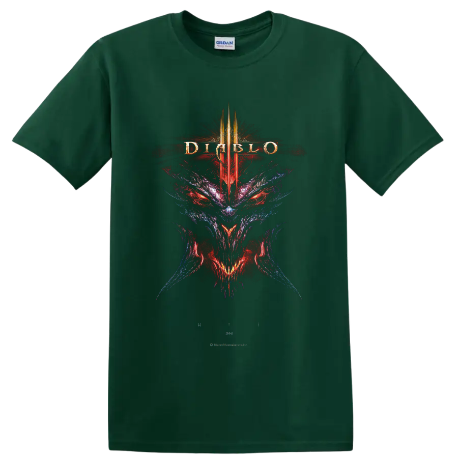 Diablo IV demon skull with red eyes, Roman numeral IV crest, and gothic fantasy art on a Forest Green T Shirt