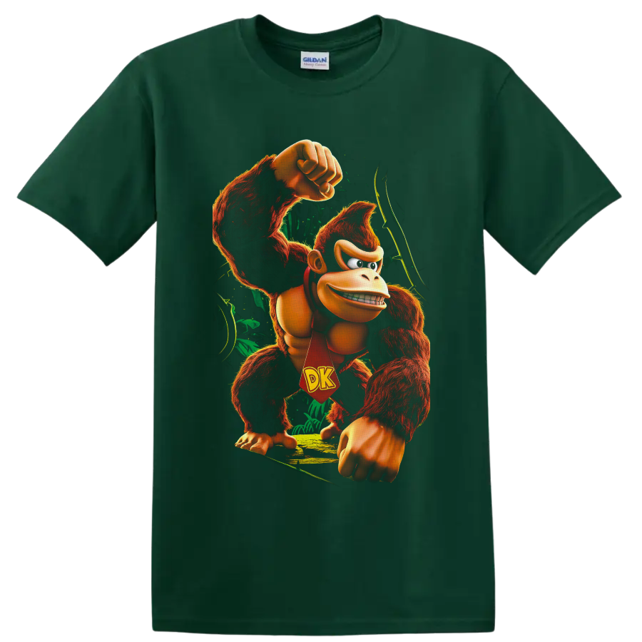 Donkey Kong raising a fist in a vivid jungle scene with a red DK tie on a Forest Green T Shirt