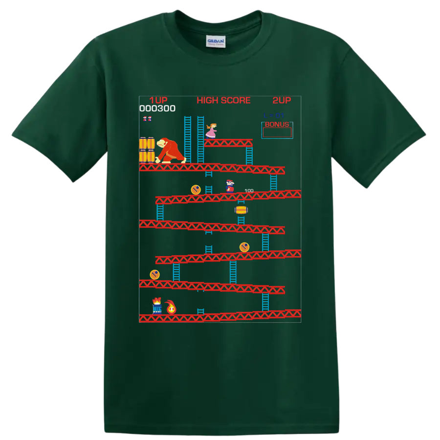 Donkey Kong Mario retro arcade platform graphic with ladders, barrels, and high score text on a Forest Green T Shirt