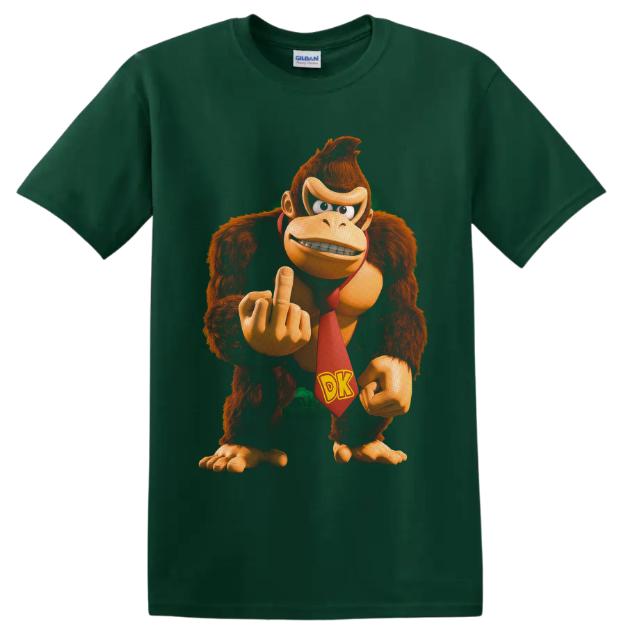 Donkey Kong character graphic with red DK tie and raised rude gesture on a Forest Green T Shirt