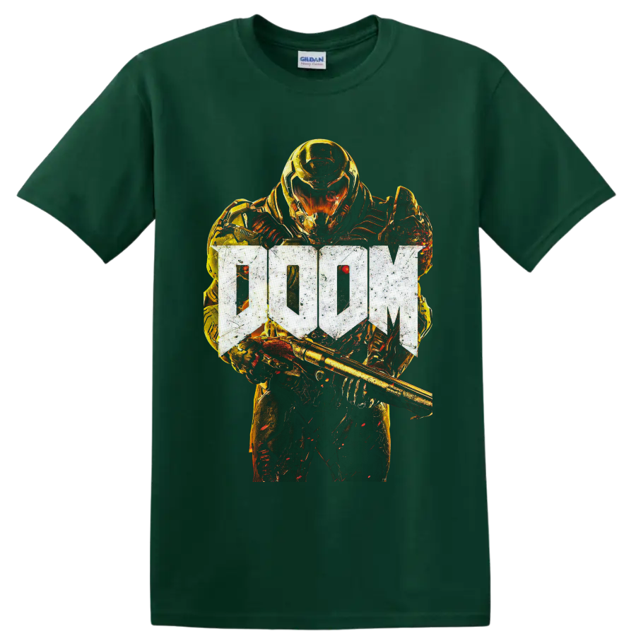 Doom Slayer in fiery gold armor with weapon and distressed DOOM logo on a Forest Green T Shirt