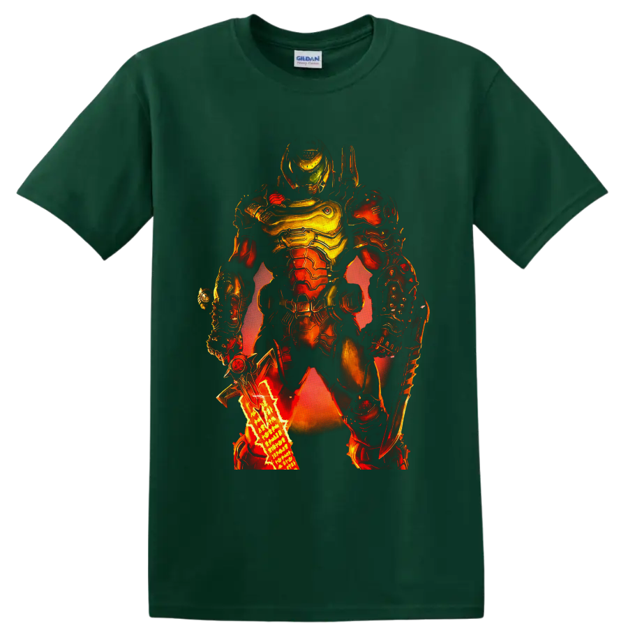 Doom Slayer in fiery futuristic armor with green visor and weapon details on a Forest Green T Shirt