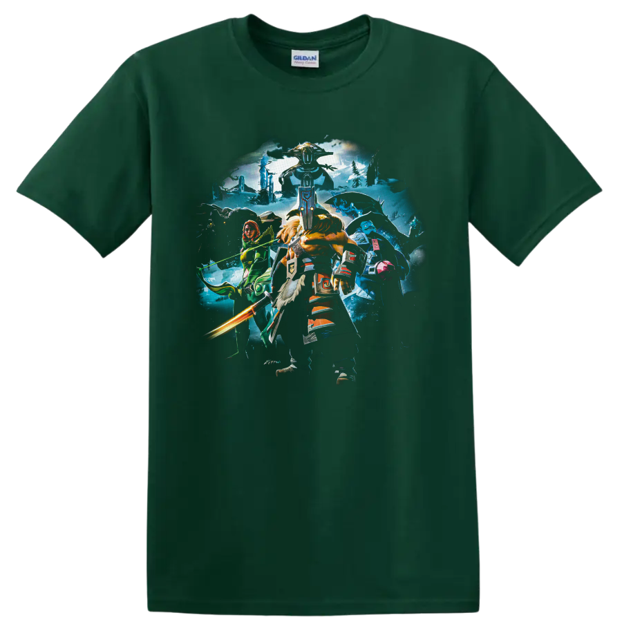 Dota 2 Juggernaut fantasy battle art with masked warrior, glowing sword, and heroes on a Forest Green T Shirt
