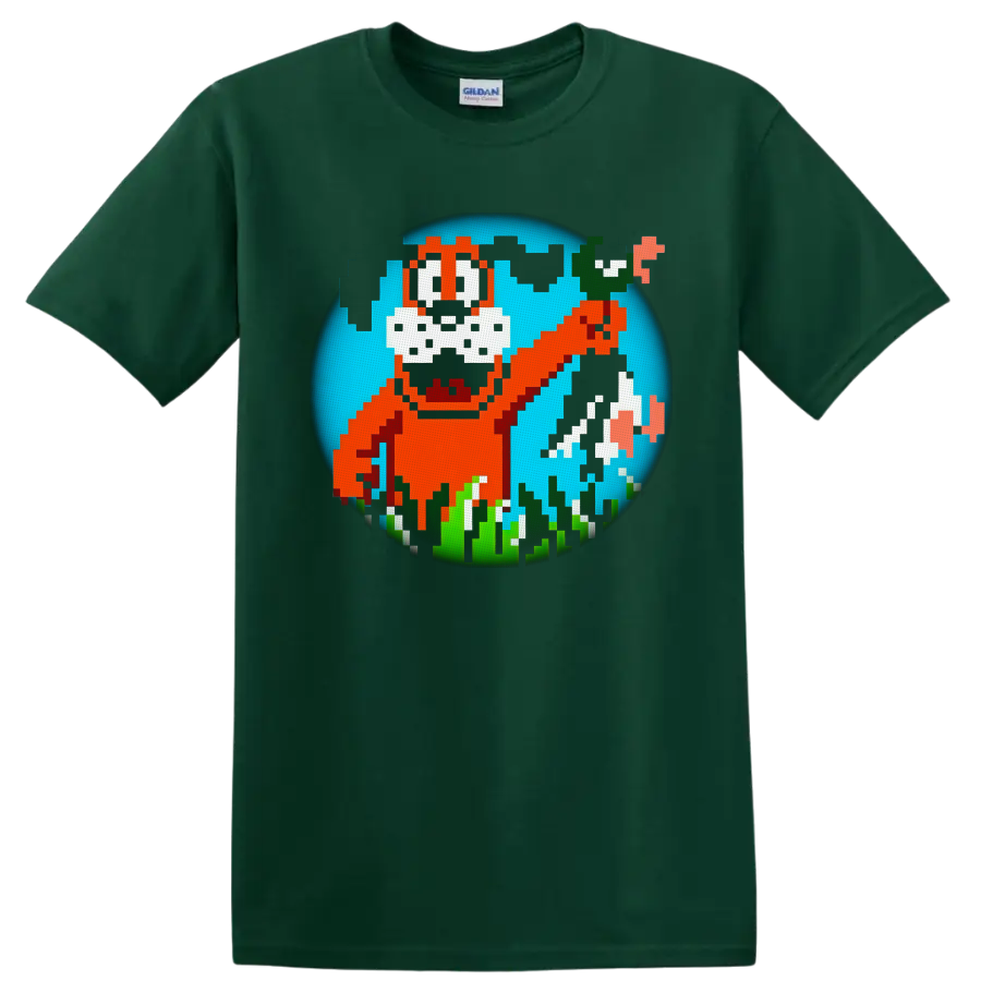 Duck Hunt pixel dog with flying ducks, grass, and retro 8-bit game art on a Forest Green T Shirt