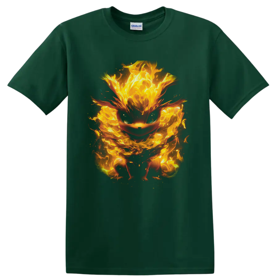 Eevee surrounded by glowing orange and yellow flames in a dramatic fantasy art style on a Forest Green T Shirt
