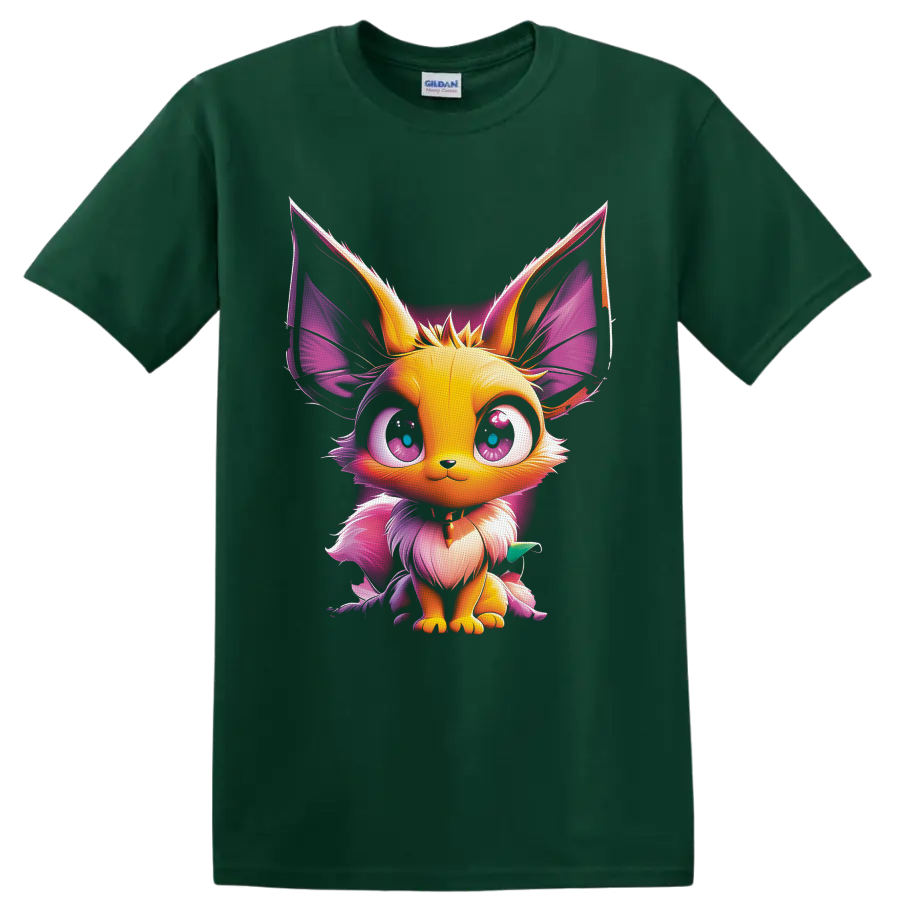 Pokémon Eevee fantasy fox character with glowing pink and purple digital art on a Forest Green T Shirt