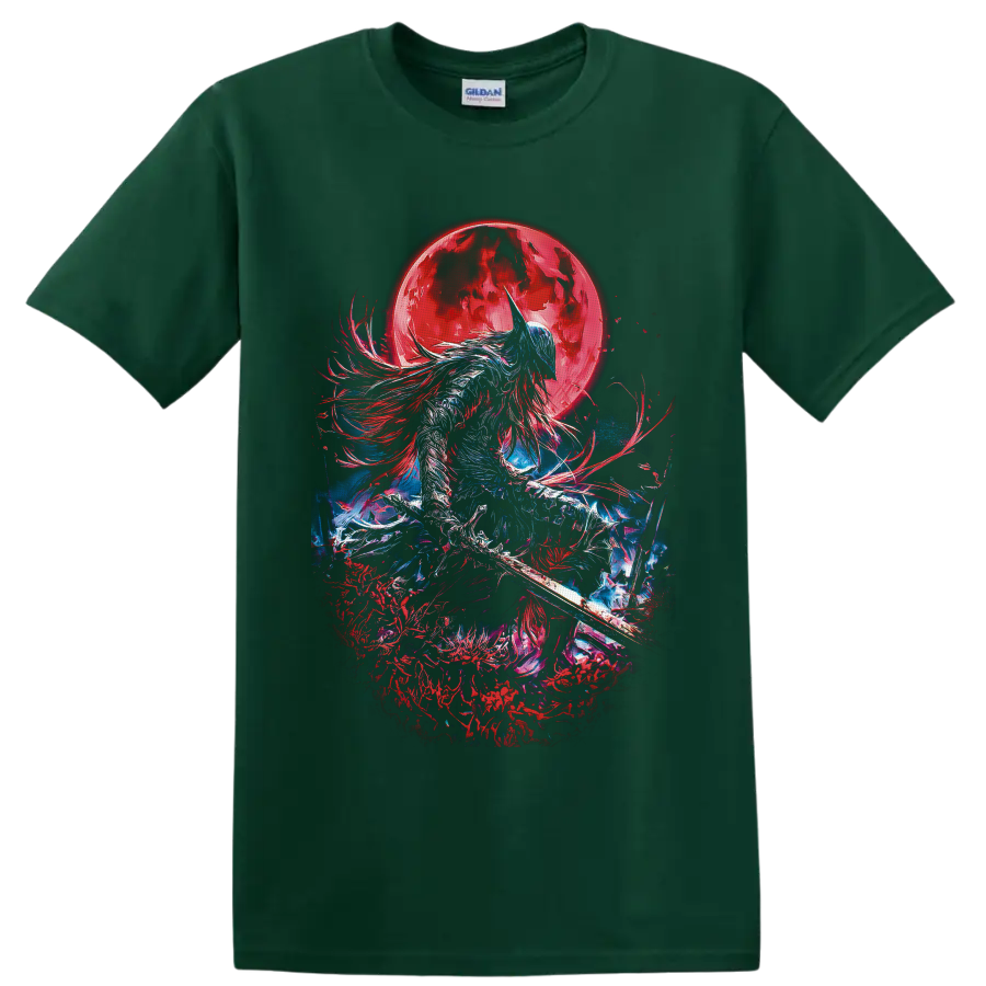 Moon Knight-inspired armored warrior with sword beneath a crimson moon in dark fantasy art on a Forest Green T Shirt