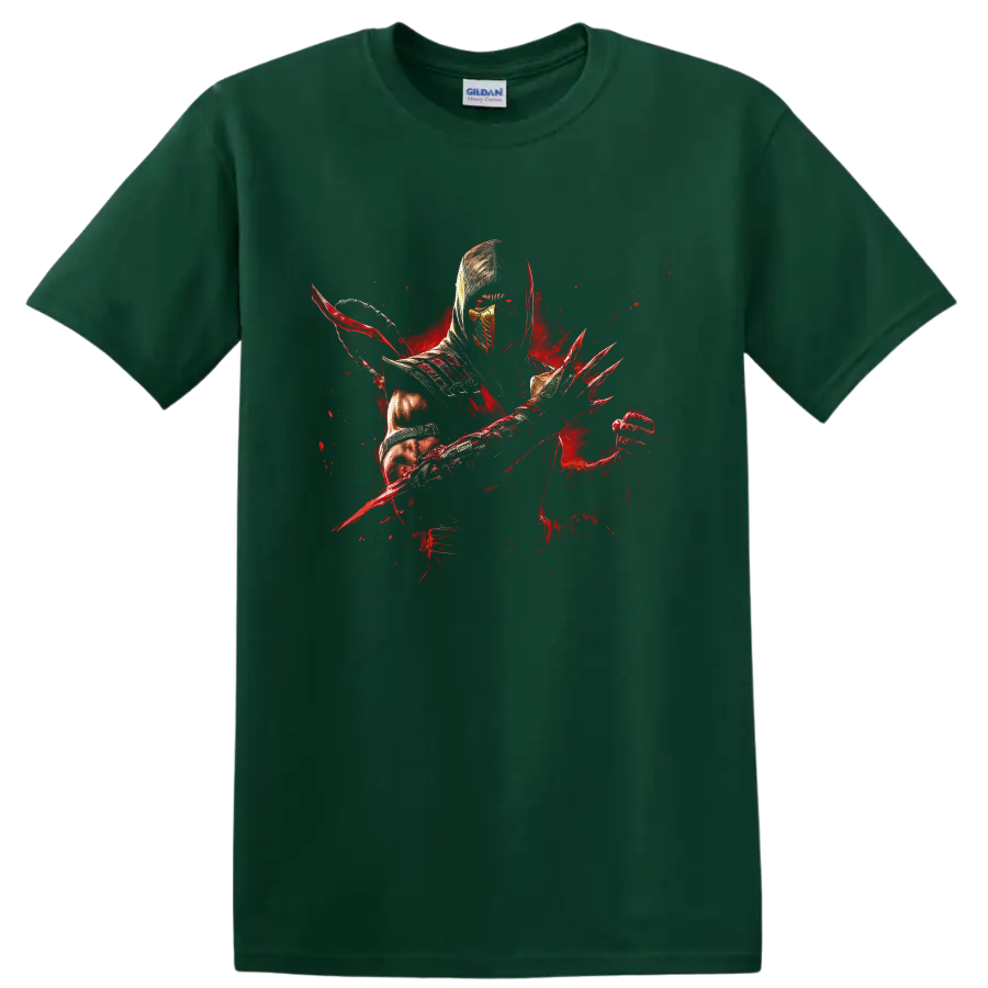 Ermac hooded armored warrior with blade and red energy splatter artwork on a Forest Green T Shirt