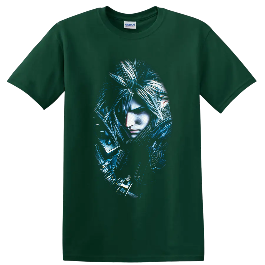 Cloud Strife blue fantasy warrior portrait with sword hilt and armored shoulder on a Forest Green T Shirt