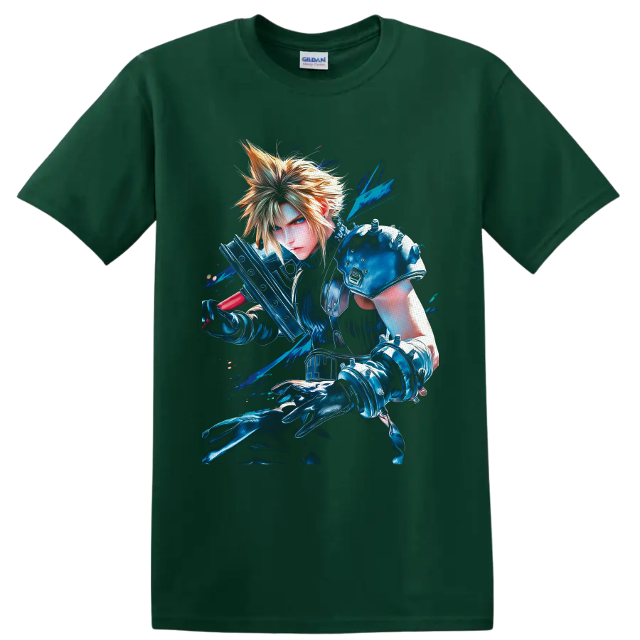 Cloud Strife with Buster Sword in vivid blue Final Fantasy VII warrior art on a Forest Green T Shirt