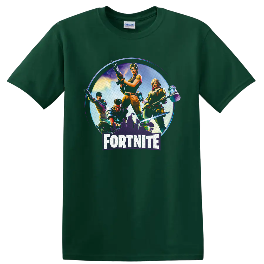 Fortnite squad action characters with gear, glowing city backdrop, and bold logo on a Forest Green T Shirt