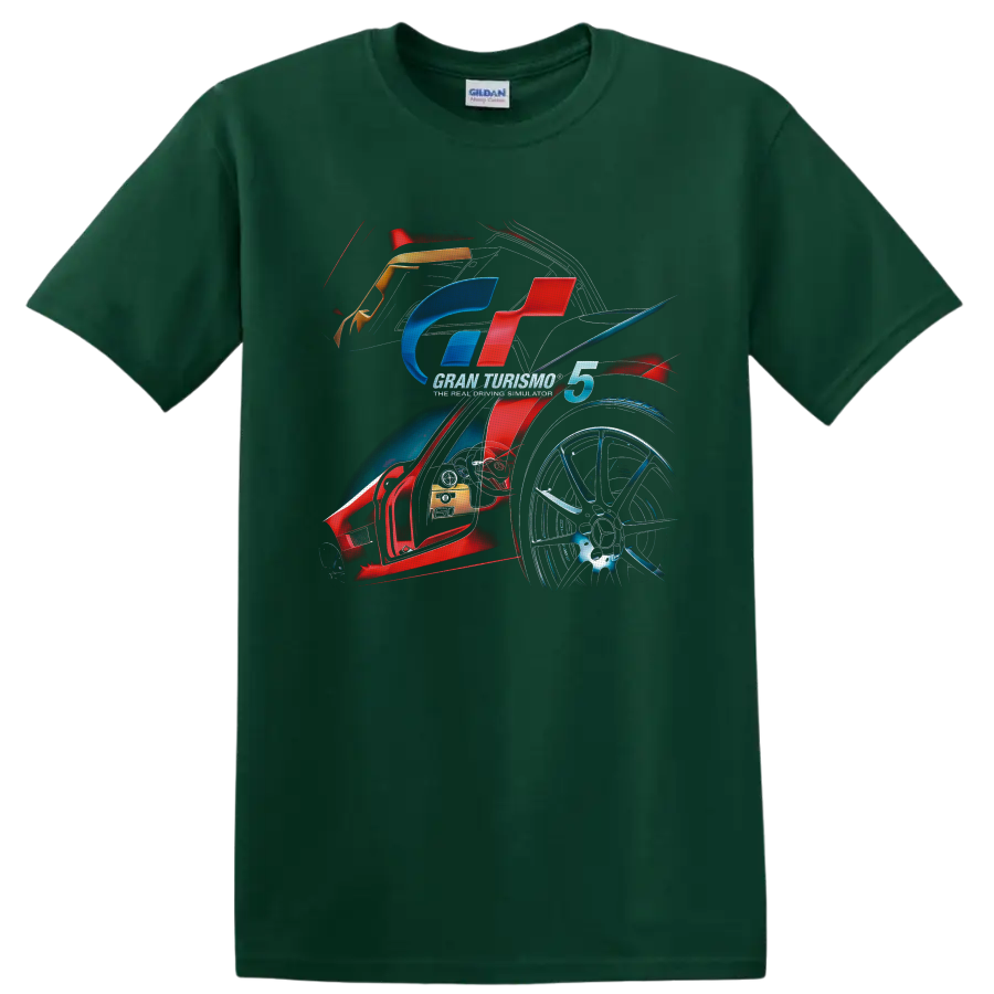 Gran Turismo 5 racing emblem with sports car cockpit, alloy wheel, and motion art on a Forest Green T Shirt