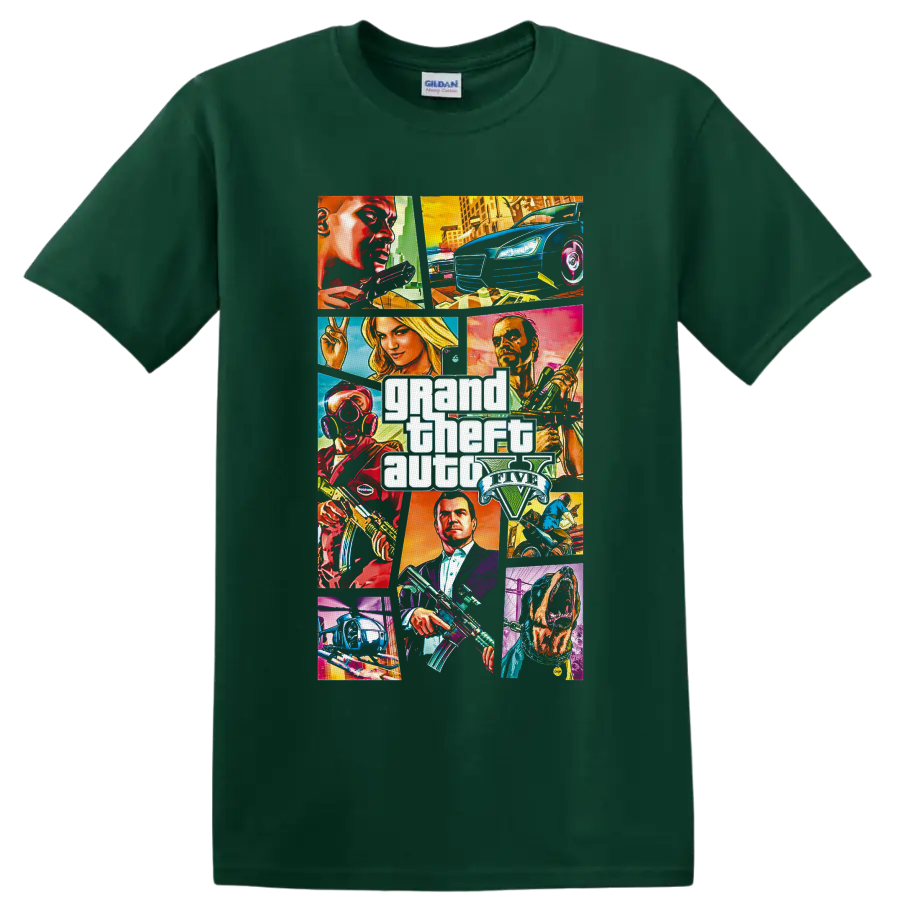 Grand Theft Auto V neon character collage with cars, helicopter, city scenes, and logo on a Forest Green T Shirt