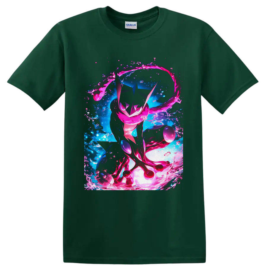 Greninja in neon pink water splashes with electric blue anime-style background on a Forest Green T Shirt