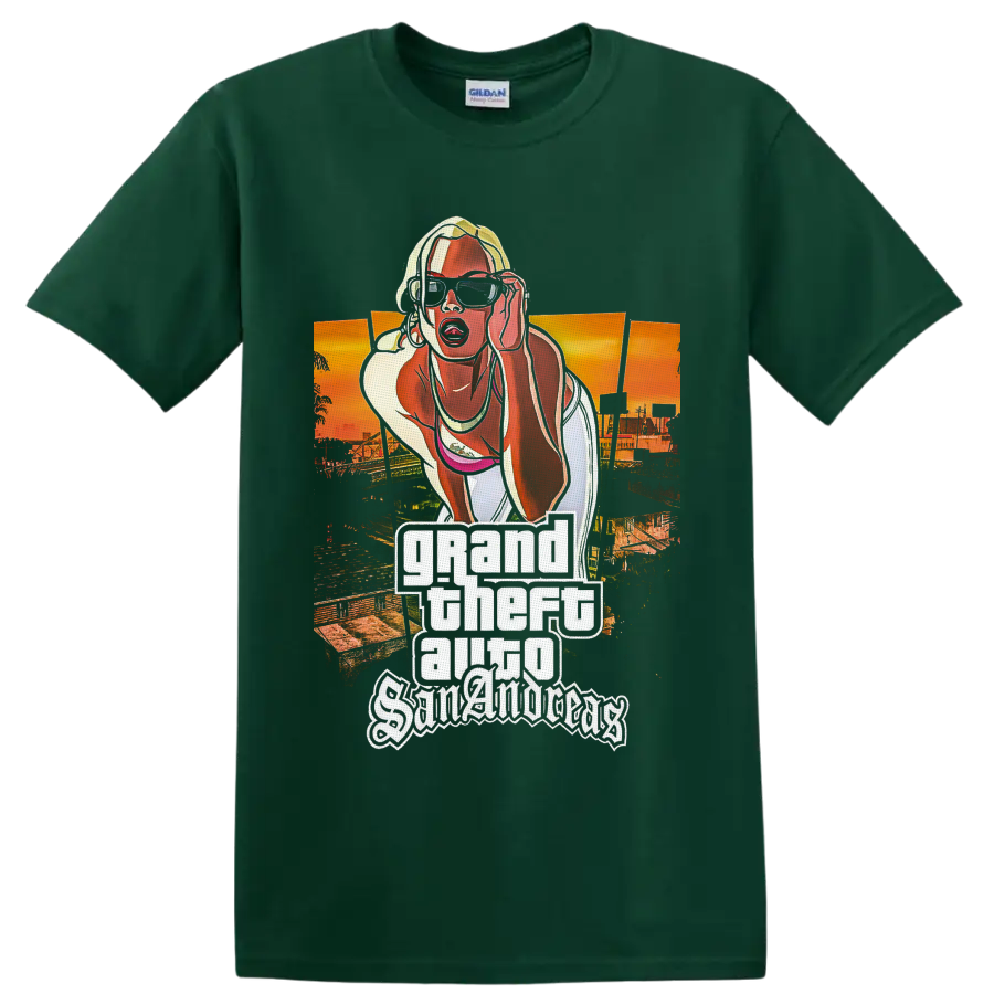 Grand Theft Auto San Andreas blonde woman sunset city poster graphic on a Forest Green T Shirt