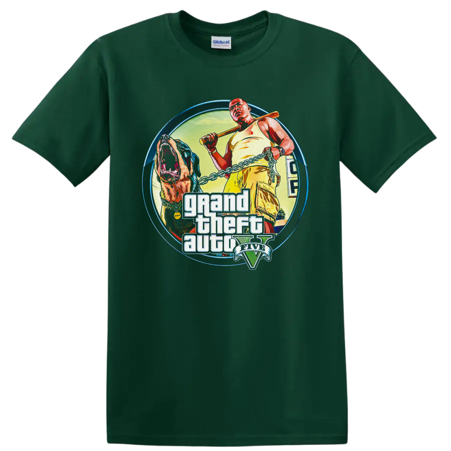 Grand Theft Auto V Franklin Clinton and Chop illustrated graphic with V emblem on a Forest Green T Shirt