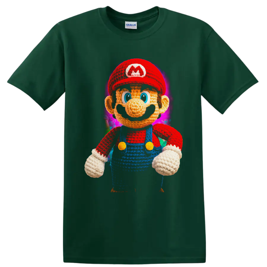 Knitted-style Mario character with colorful abstract background on a Forest Green T Shirt