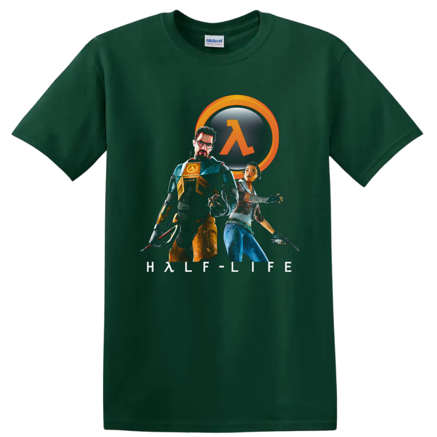Gordon Freeman and Alyx Vance Half-Life 2 art with orange lambda emblem on a Forest Green T Shirt