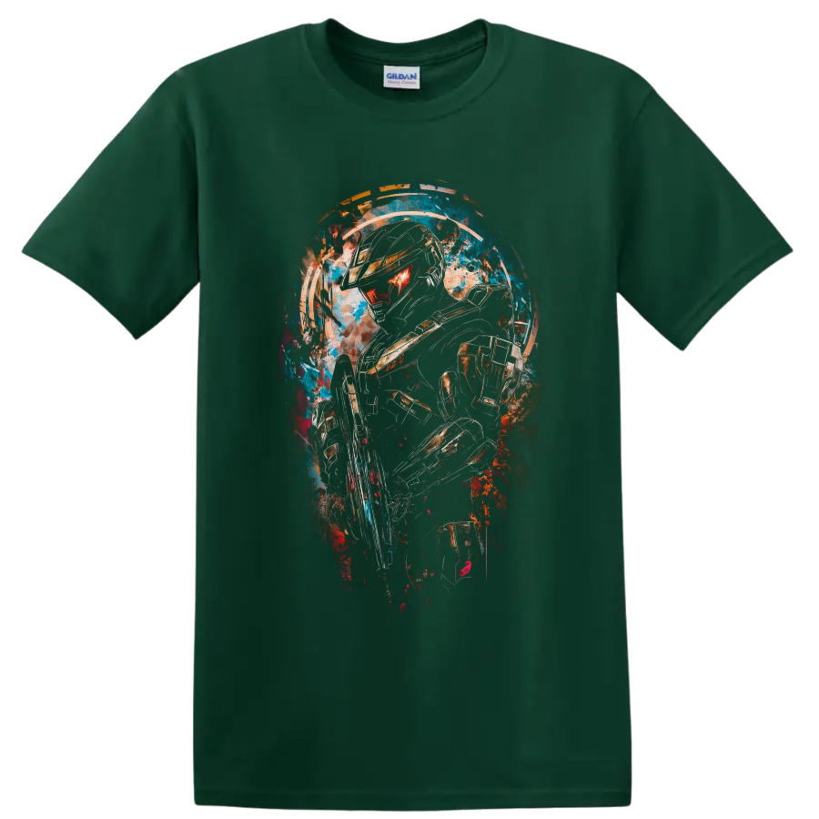 Master Chief Halo Spartan warrior in neon paint-splash armor artwork on a Forest Green T Shirt