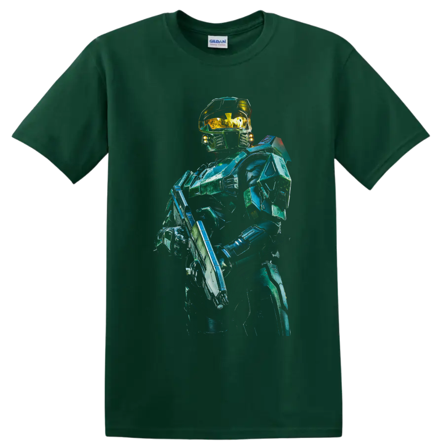 Master Chief in teal-green futuristic armor with gold visor and sci-fi rifle on a Forest Green T Shirt