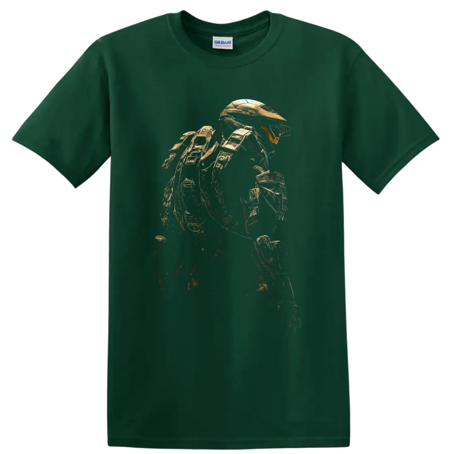 Halo Elite Warrior in detailed gold armor, crouched in a sci-fi gaming art pose on a Forest Green T Shirt