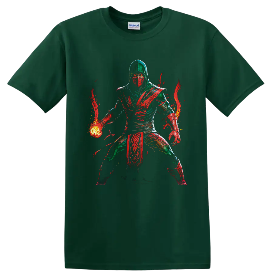 Ermac Mortal Kombat masked warrior with glowing fireball and red flame artwork on a Forest Green T Shirt