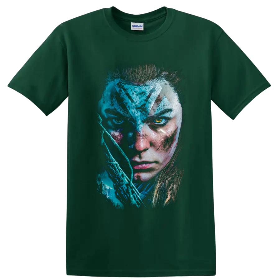 Aloy Horizon Zero Dawn cyber tribal portrait with bow and teal wilderness art on a Forest Green T Shirt