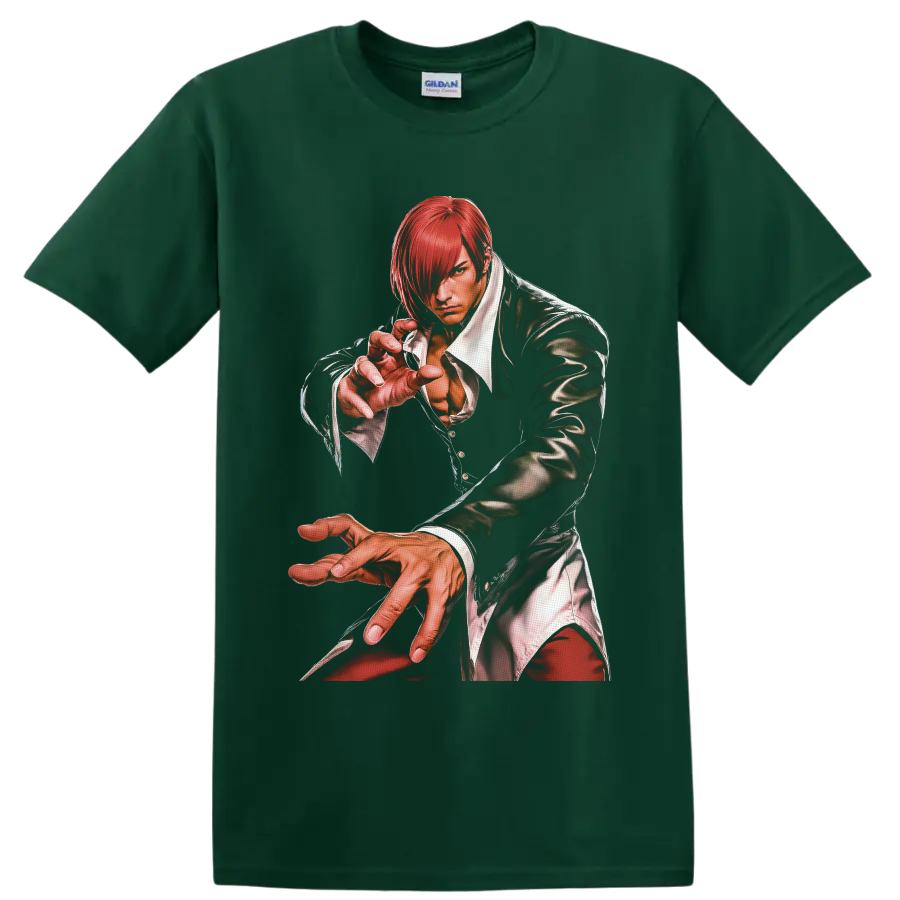 Iori Yagami red-haired fighter illustration from The King of Fighters on a Forest Green T Shirt