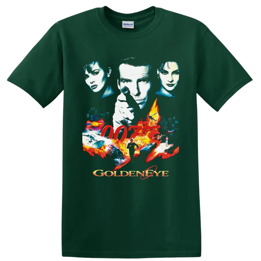 James Bond GoldenEye 007 retro spy collage with 007 logo, flames, cars and weapons on a Forest Green T Shirt