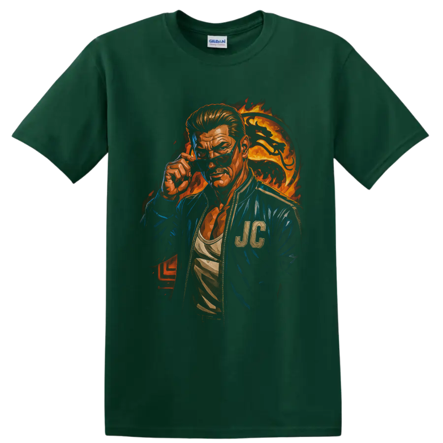 Johnny Cage fiery portrait with sunglasses, blue jacket, and flame backdrop on a Forest Green T Shirt