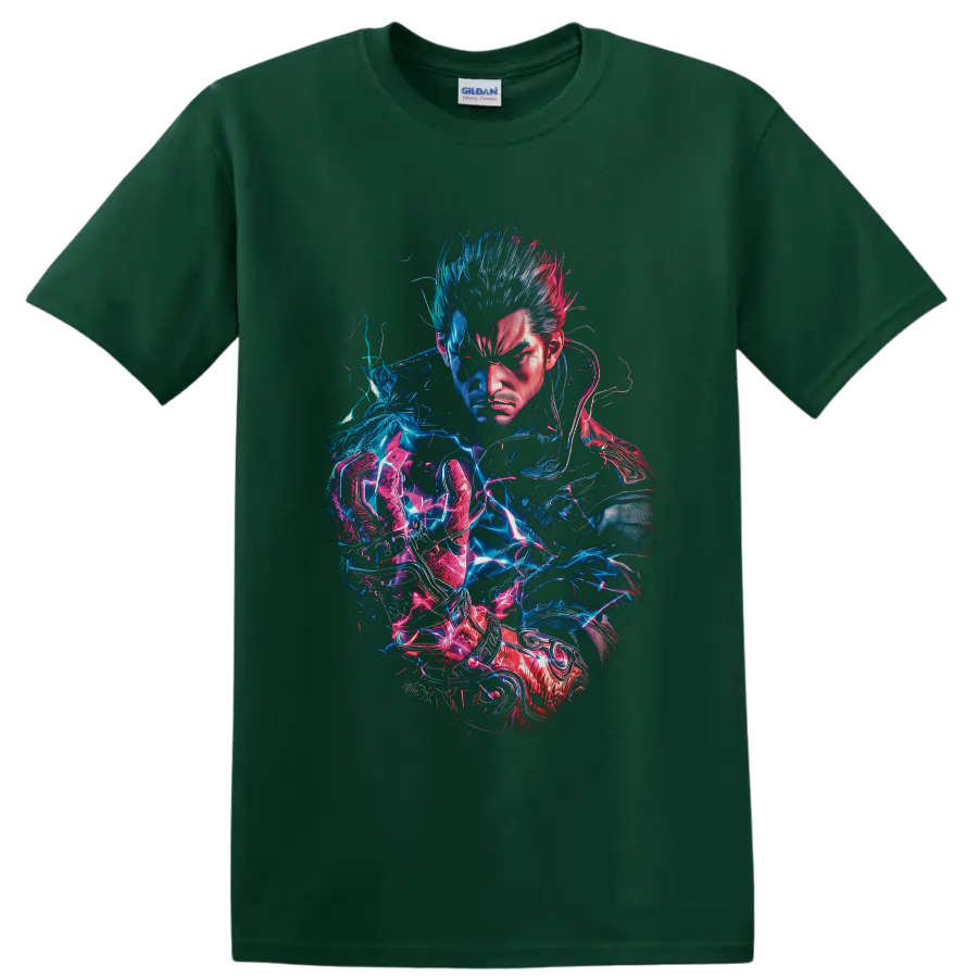 Kazuya Mishima neon electric fighter portrait in blue and pink cyberpunk art on a Forest Green T Shirt