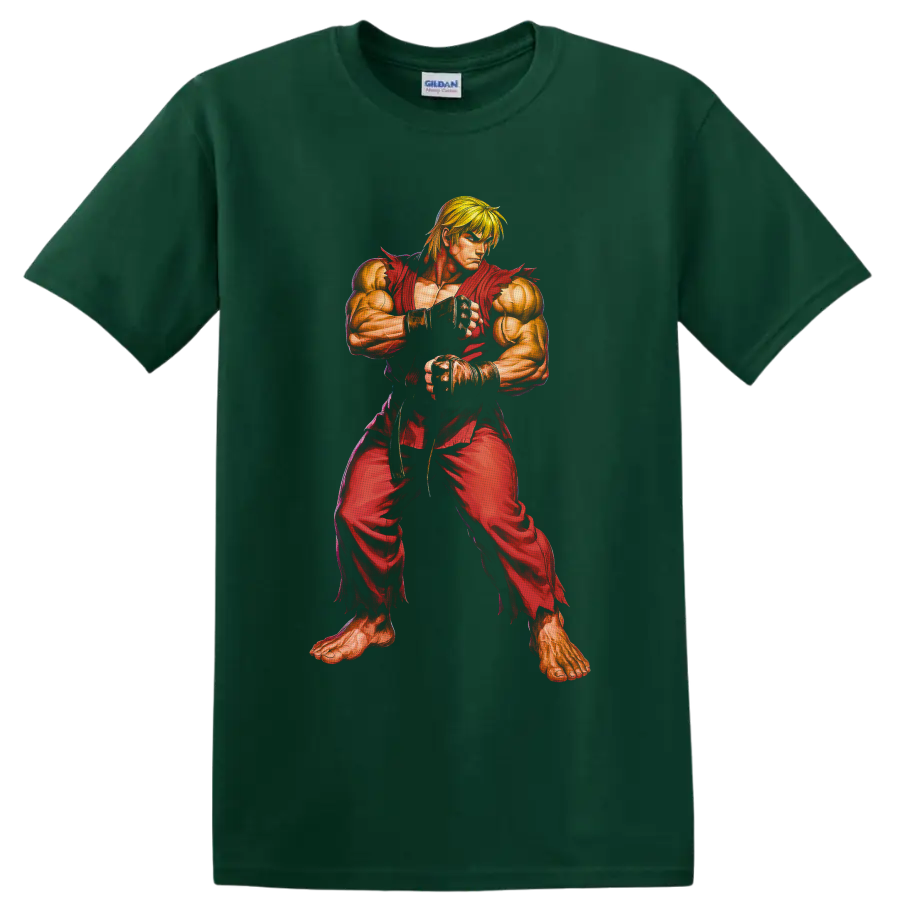 Ken Street Fighter in red gi, detailed retro arcade martial arts fighter artwork on a Forest Green T Shirt