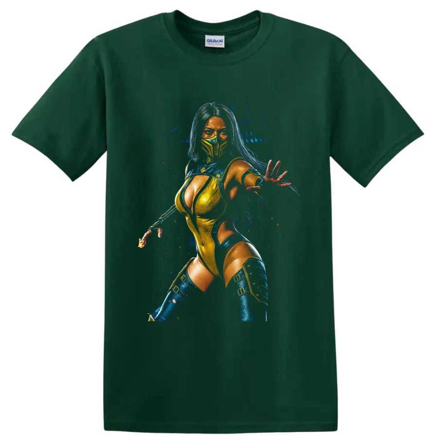 Kitana in blue and gold mask with glowing fantasy warrior portrait on a Forest Green T Shirt