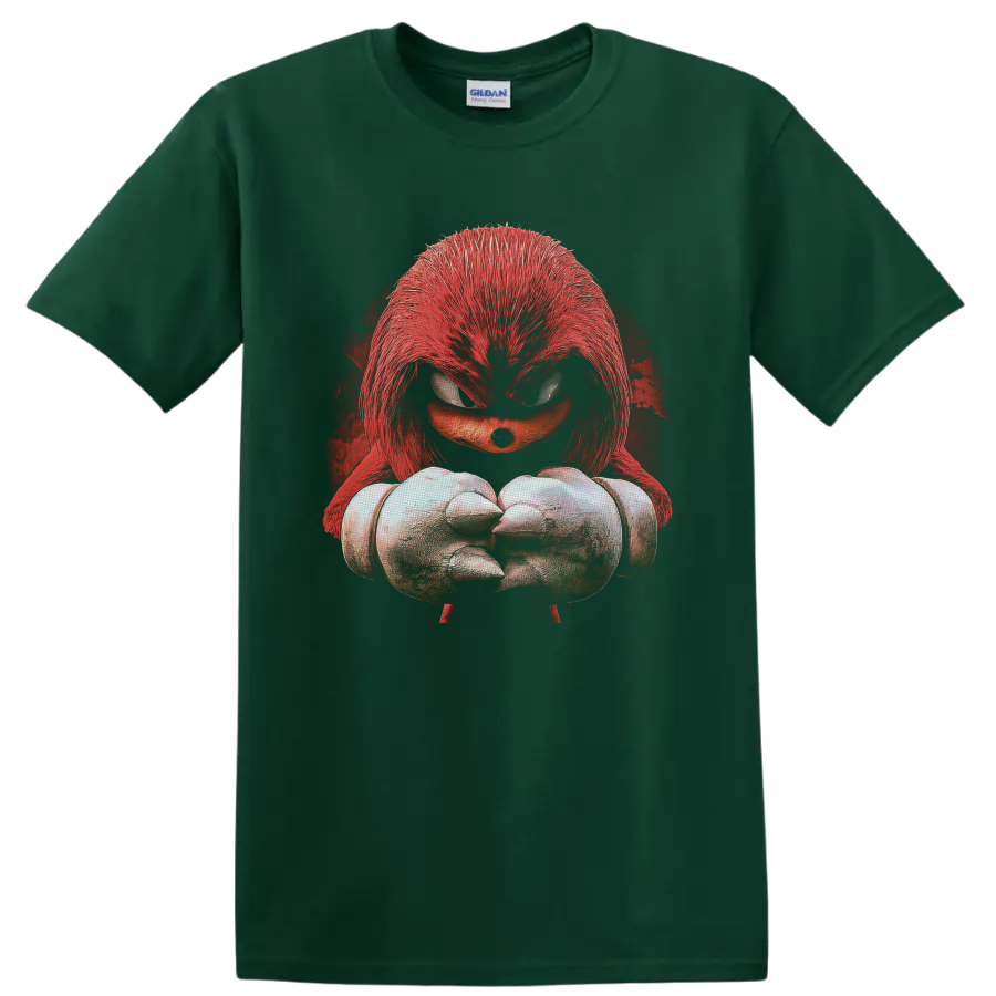 Knuckles horror portrait with red quills, spiked fists, and distressed crimson backdrop on a Forest Green T Shirt