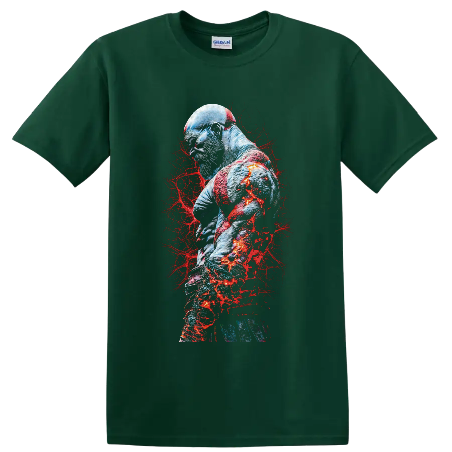 Kratos God of War warrior portrait with red markings and fiery blue-gray battle art on a Forest Green T Shirt
