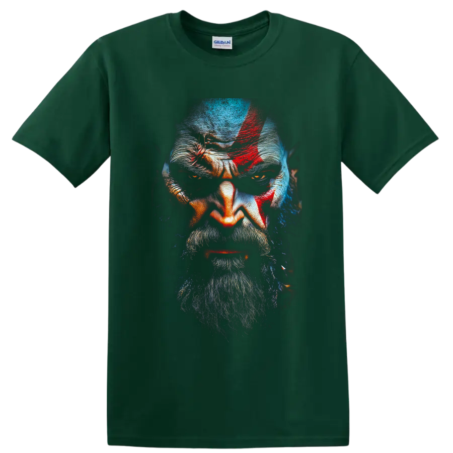 Kratos God of War close-up portrait with red mark, beard, and dark painted lighting on a Forest Green T Shirt
