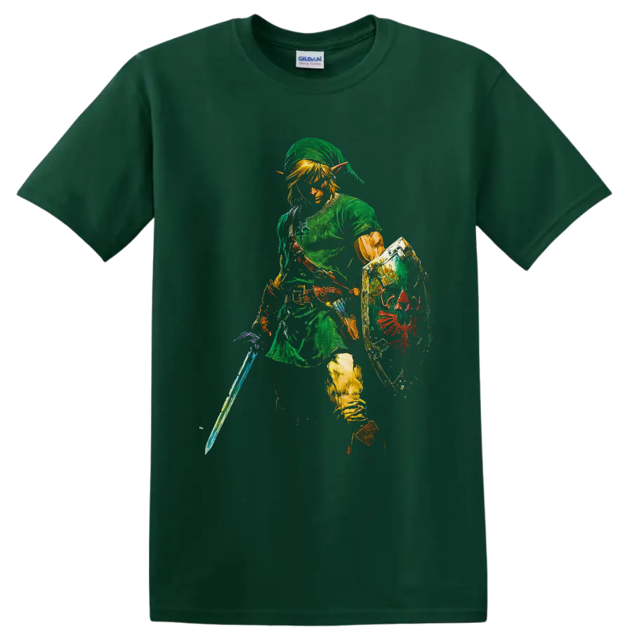 Link in green tunic with sword and crest shield, textured fantasy game art on a Forest Green T Shirt