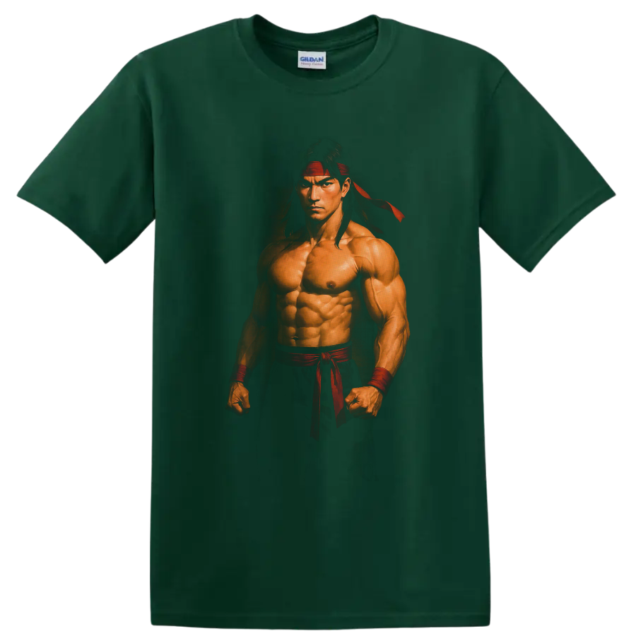Liu Kang Mortal Kombat martial arts portrait with red headband and wrist wraps on a Forest Green T Shirt