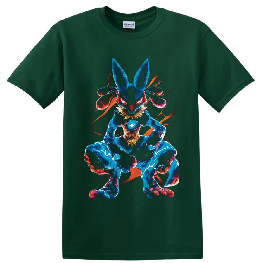 Lucario crouched in neon blue and magenta aura fighter artwork on a Forest Green T Shirt